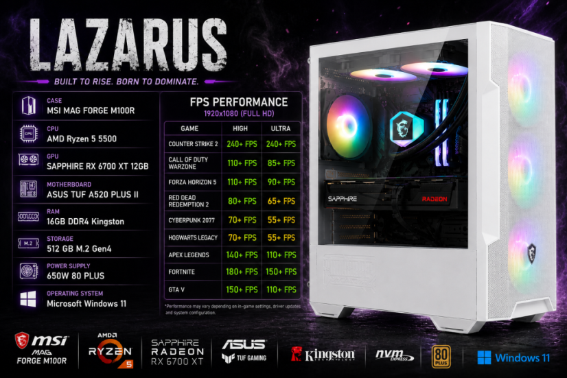 PC Gamer LAZARUS • GARANTIE 24M • AMD Ryzen 5 5600 • RX 6700 XT 12Go • 16Go • 512 SSD • WIN11