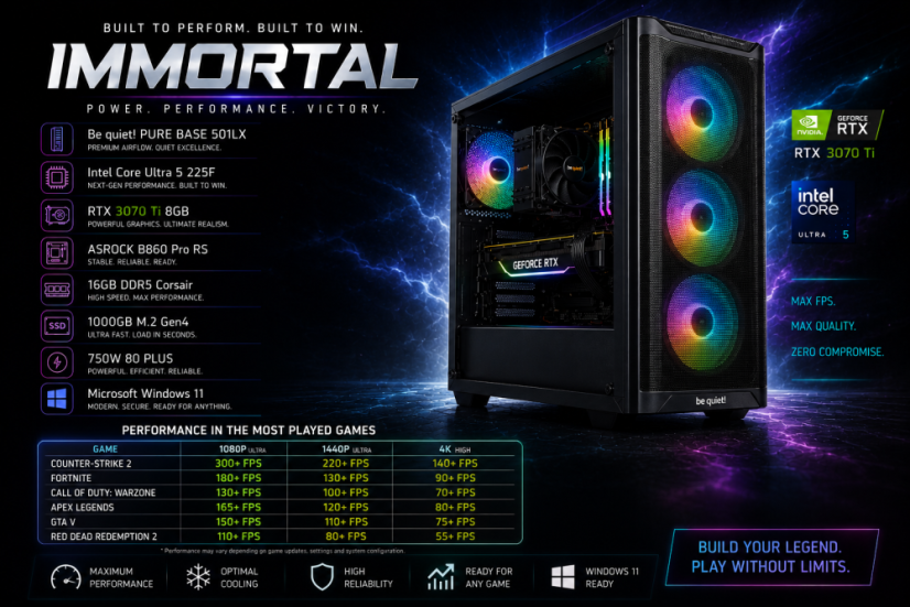PC Gamer IMMORTAL • GARANTIE 24M •  Intel Core Ultra 5 225F • RTX 3070 Ti 8Go • 16Go DDR5 • 1000 SSD • WIN11