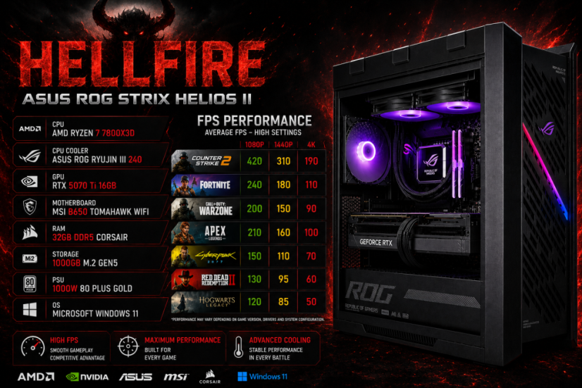 PC Gamer HELLFIRE • GARANTIE 24M • AMD Ryzen 7 7800X3D • RTX 5070 Ti 16Go • 32Go DDR5 • 1000 SSD • WIN11