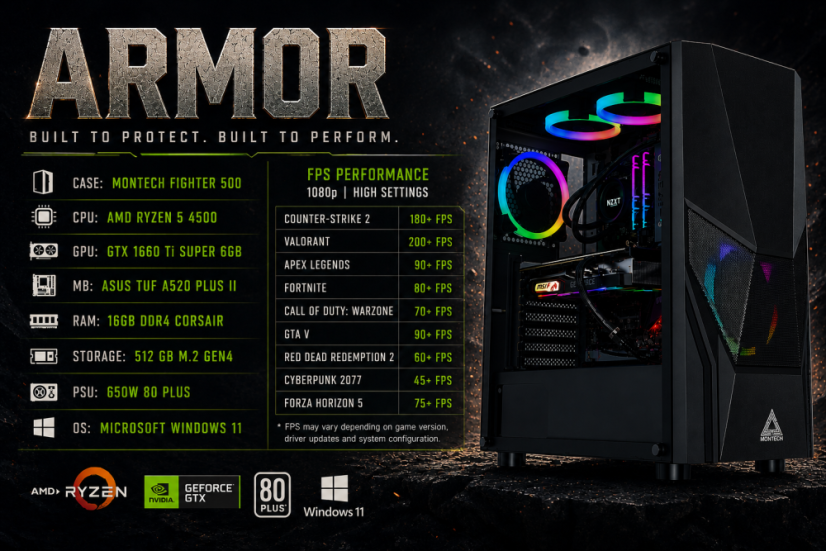 PC Gamer ARMOR • ZÁRUKA 24M • AMD Ryzen 5 4500 • GTX 1660 SUPER 6GB • 16GB • 512 SSD • WIN11