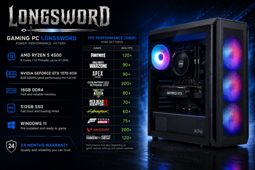 PC Gamer LONGSWORD • ZÁRUKA 24M • AMD Ryzen 5 4500 • GTX 1070 8Go • 16Go • 512 SSD • WIN11